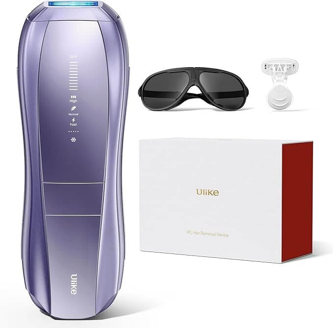 Ulike Air 10 laser hair removal device with ice-cooling tech, styled in a sleek flatlay for at-home, painless IPL hair reduction in 10 minutes.
