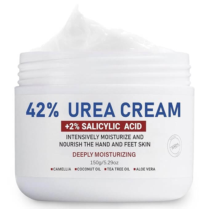 OUKEYA Urea and Salicylic Acid foot and body cream for keratosis pilaris, calluses, and dry skin, featured in an aesthetic flatlay with cozy skincare props.